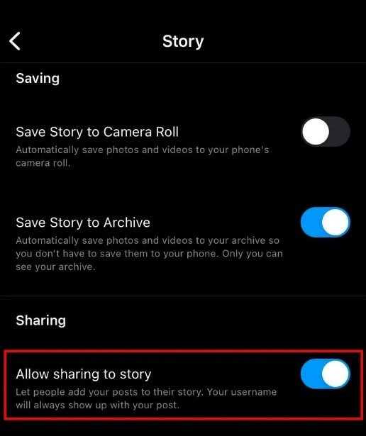 enable the sharing on instagram