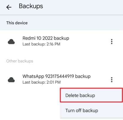 select the delete backup option