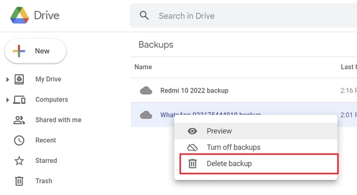 choose the delete backup option