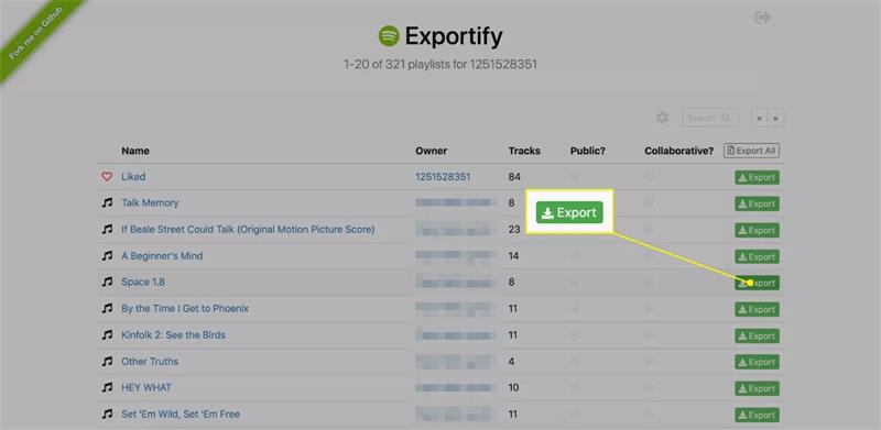 selecting the export option