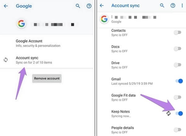 turn on notes from account sync