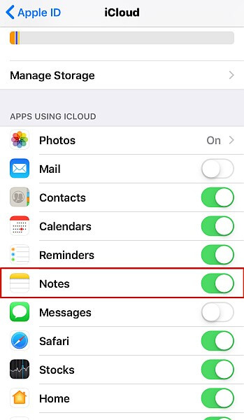 habilite notas na sincronização do icloud