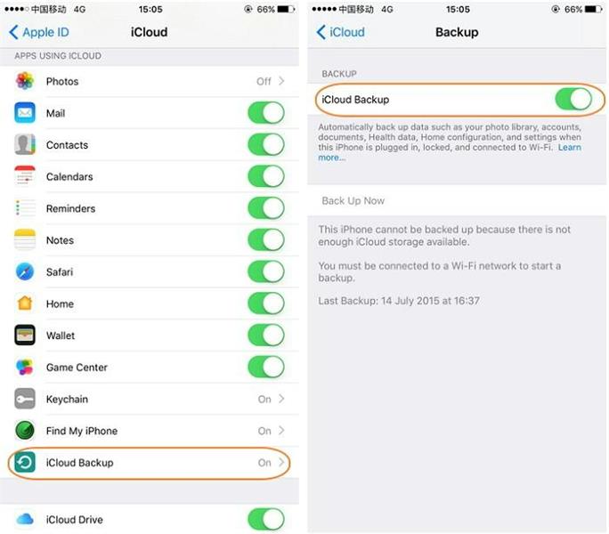 scroll to icloud backup