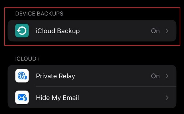 accedere all'opzione di backup di icloud