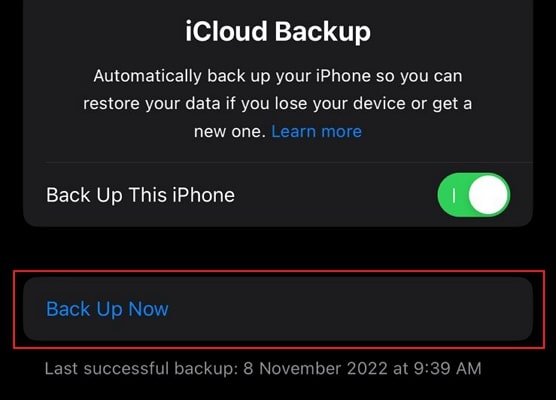 toque na opção de fazer backup agora