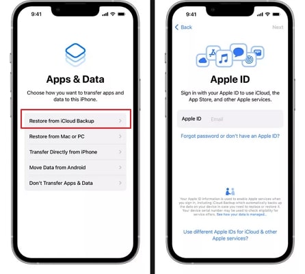 selecciona restaurar desde copia de seguridad de icloud