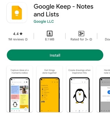 instale o app google keeps