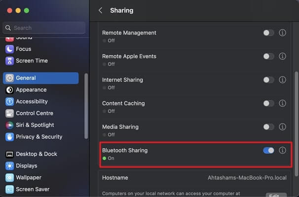 activate bluetooth sharing option
