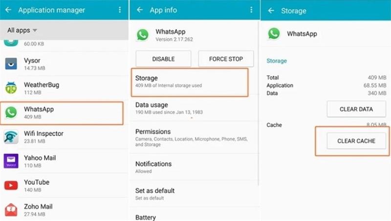clearing cache of whatsapp