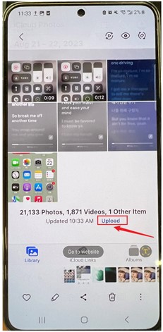 tap the upload button to upload photos to your icloud account