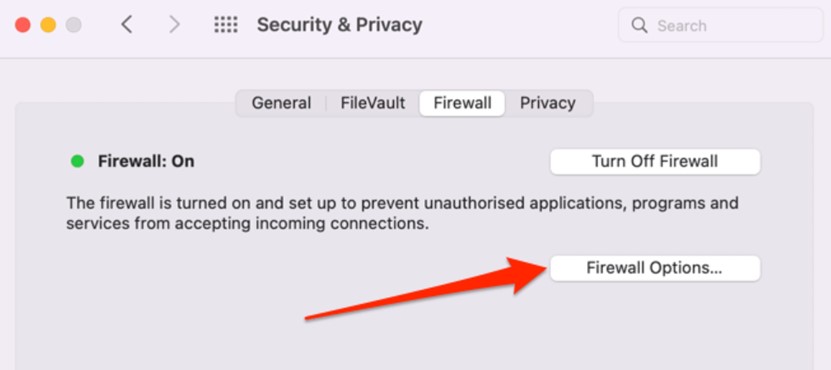 tippen Sie auf die Firewall-Optionen im Mac