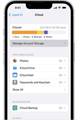 خيار manage account storage في icloud