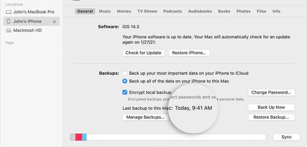 backup dell'iphone 5 da finder completato