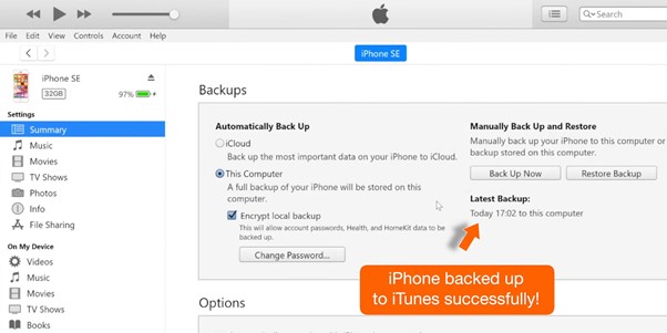 iphone backed up to itunes successfully