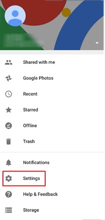 settings option in google drive