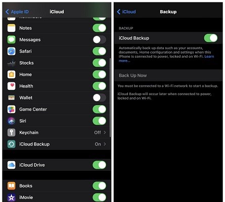 mude a opção de backup icloud