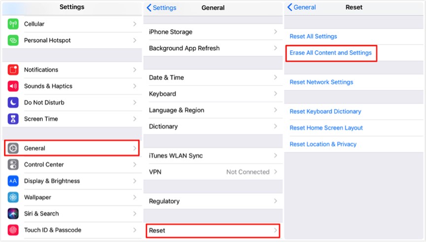 navigate to the erase all content and settings