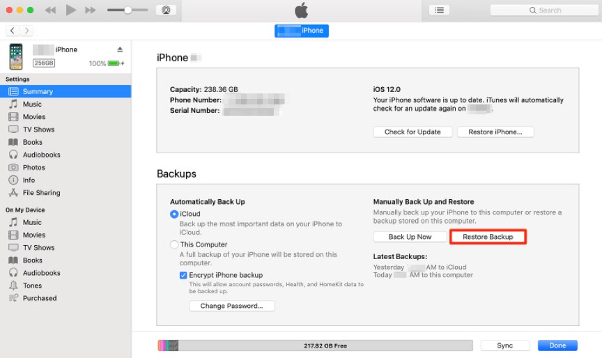 opção de restaurar backup no itunes