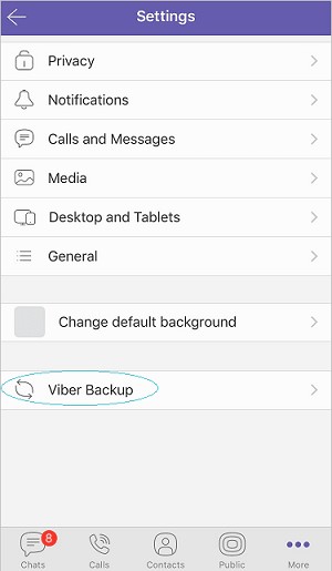 opção de backup do viber nas configurações