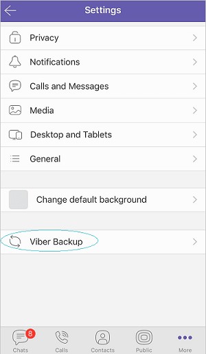 opzione di backup di viber nelle impostazioni