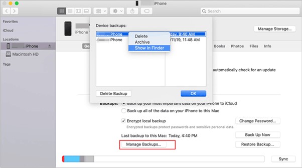 utilizzare il finder per visualizzare i file di backup