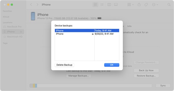 backup dei file di iphone in mac