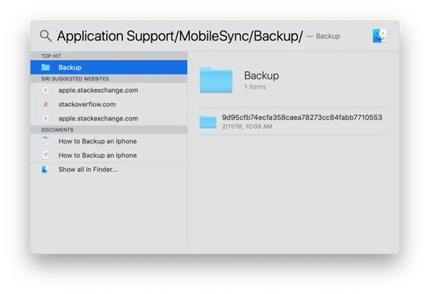 recherche de la sauvegarde de l'iphone sur mac par spotlight