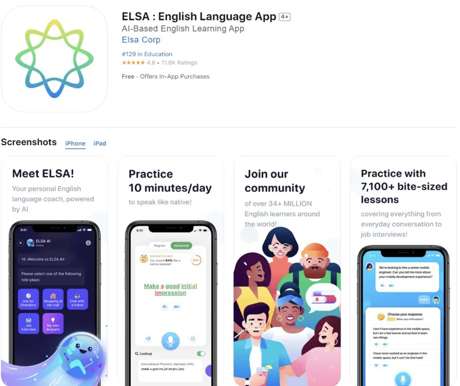 Elsa é um aplicativo de IA que ajuda você a aprender inglês