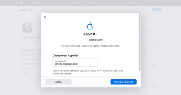 введите новый адрес электронной почты и нажмите изменить apple id 