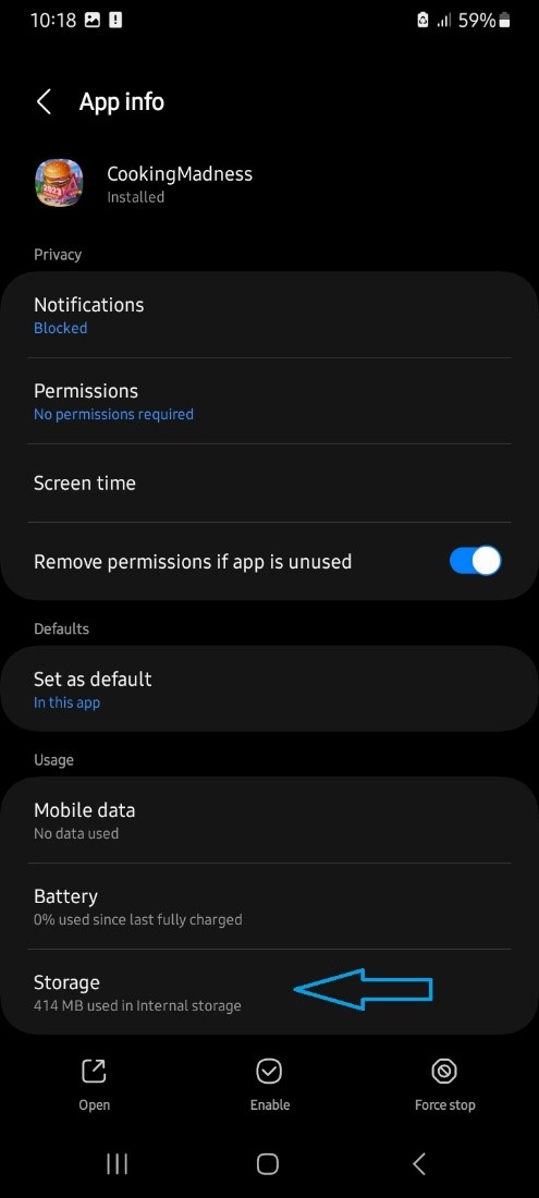 select storage in app settings to free up space