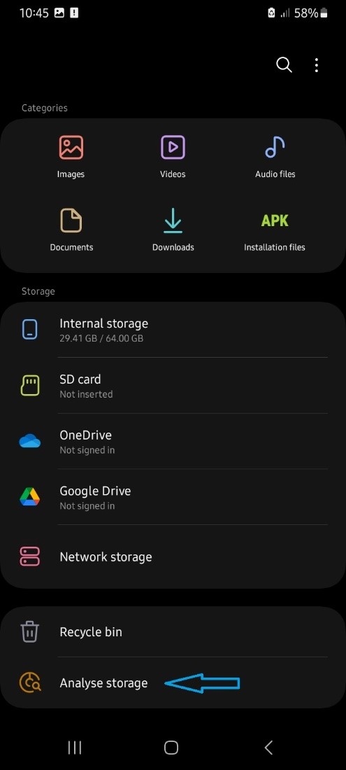 Select analyze storage on samsung my files