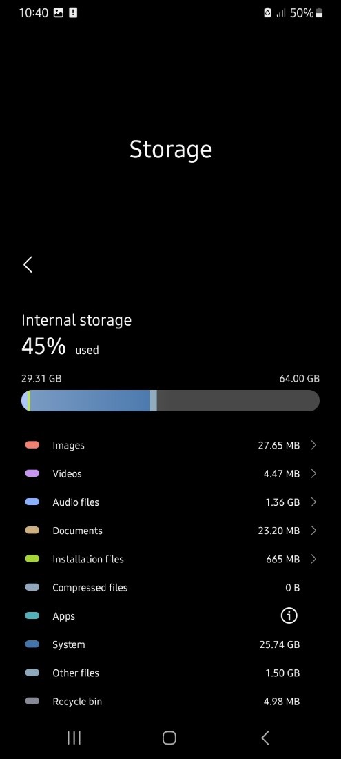 Le stockage interne n'est pas suffisant sur un téléphone android