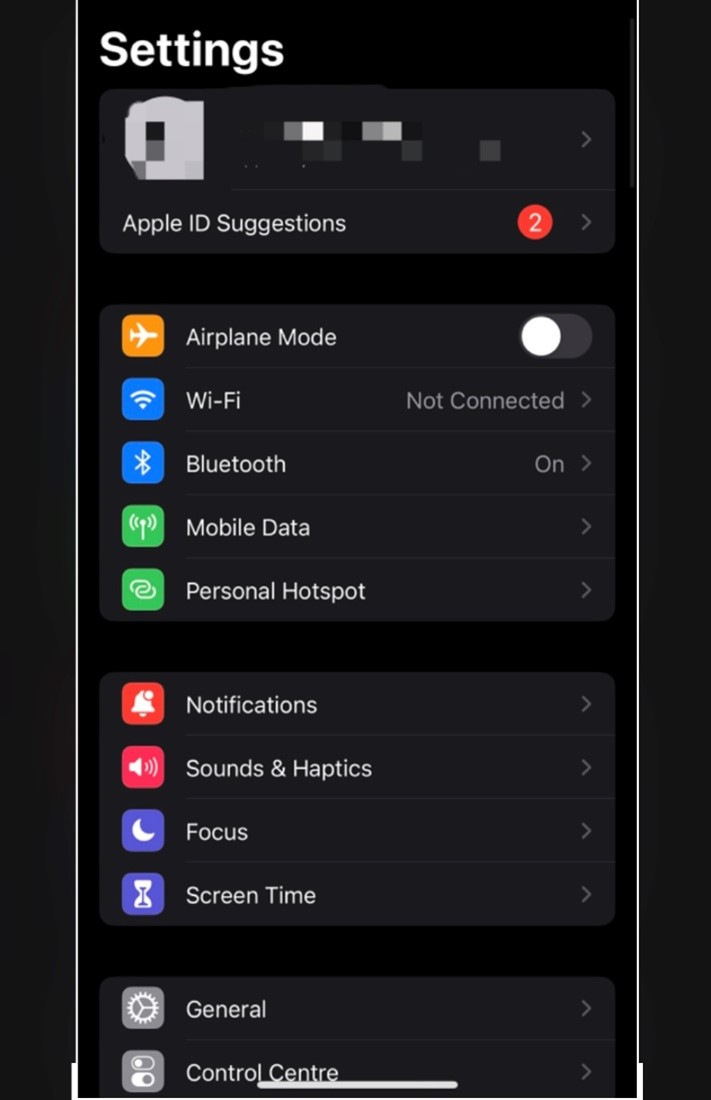 Settings page on iPhone