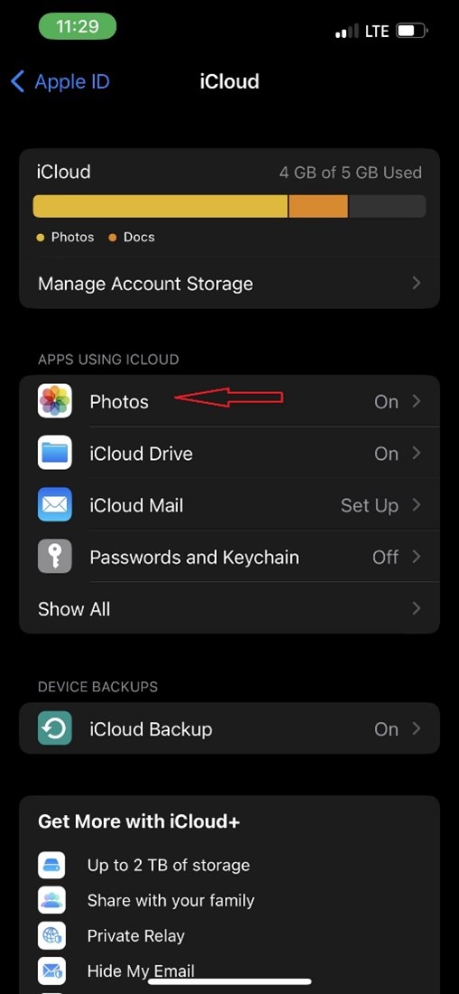 iCloud photos settings on iPhone