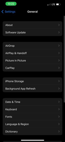 general settings on iPhone