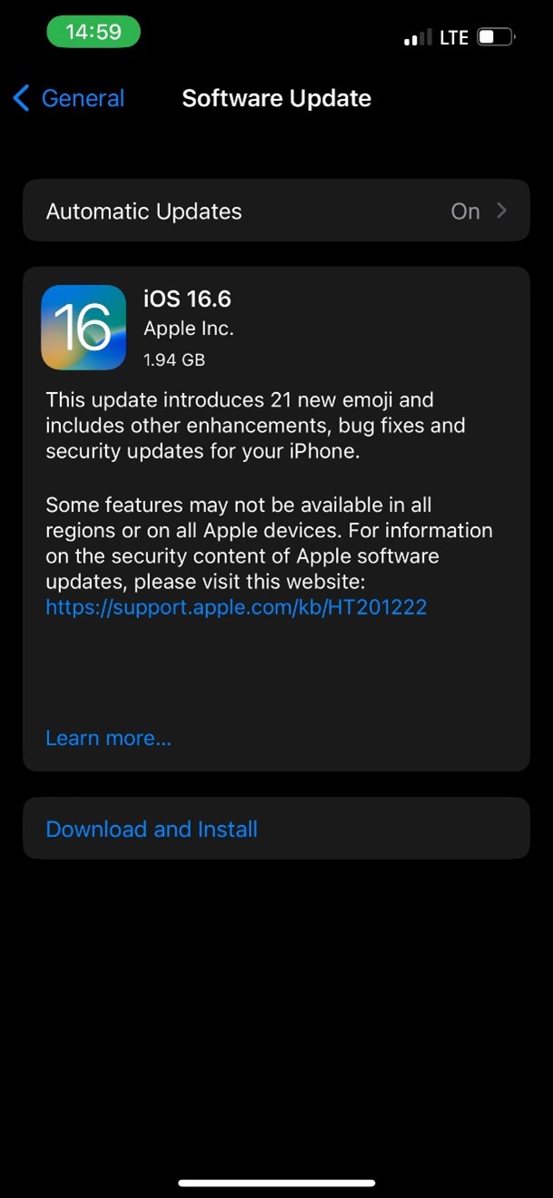 página de actualizaciones de software en el iPhone