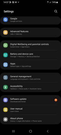 settings page on android phone