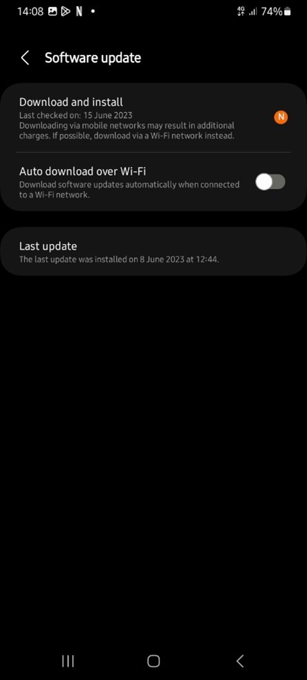 software update page on android phone