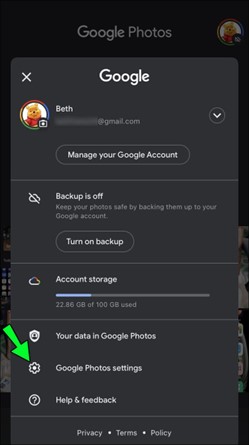 Check Google Photos Settings to ensure photo backup