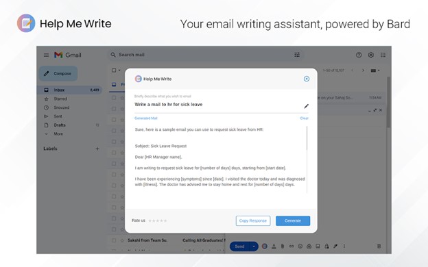the help me write feature can offer users suggestions for writing emails