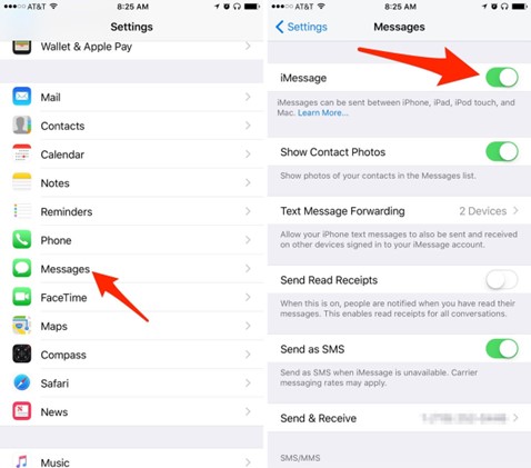 disattivare l'attivazione/disattivazione di imessage nelle impostazioni dei messaggi