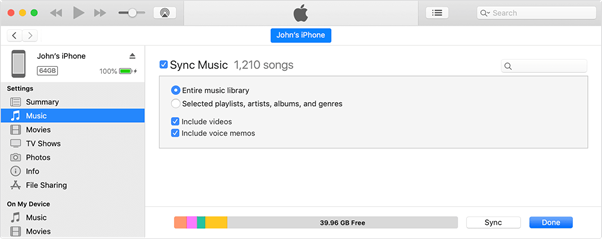sync music iTunes app 