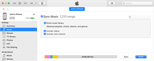 sincronizzare musica iTunes app 