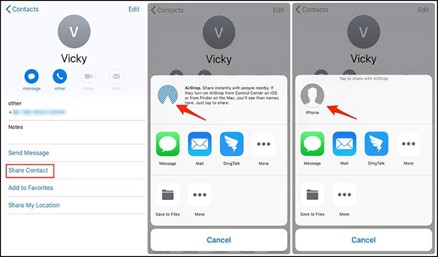 appuyez sur partager un contact à partir d'un contact et sélectionnez l'option airdrop