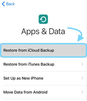 confira aplicativos e dados e selecione restaurar do backup do iCloud