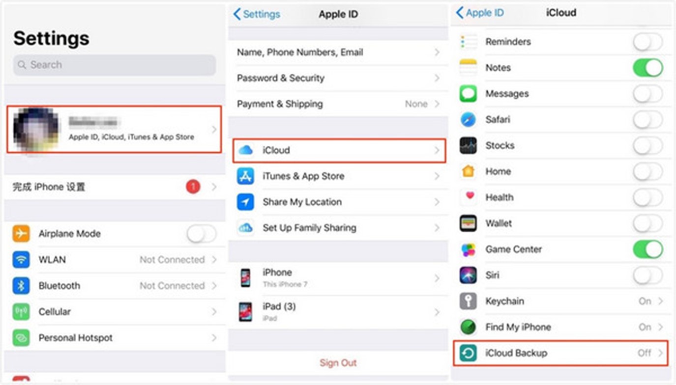ve a la copia de seguridad de icloud en la configuración de la cuenta de apple