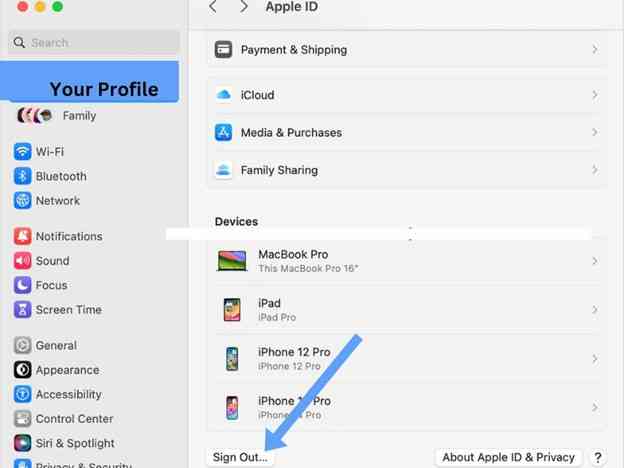 Sair do perfil de configurações do ID Apple