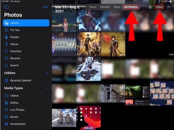 choose all photos under library then tap select