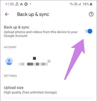 Turn off backup and sync option
