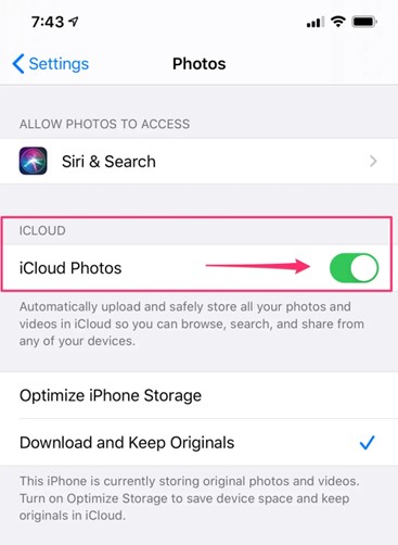 ConfiguraÃ§Ãµes do iPhone com a opÃ§Ã£o Fotos do iCloud ativada